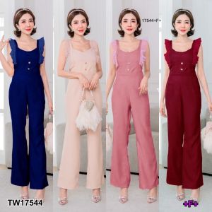 TW17544 Jumpsuit จั้มสูทขายาว แต่งแขนระบายผ้ามุ้ง