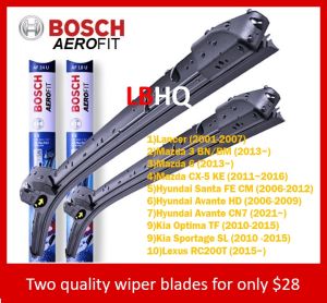 Bosch Aerofit car wiper for Mitsubishi Lancer/ Mazda 3 / Mazda CX5 / Hyundai Santa FE / Hyundai Avante HD/  Kia Carens / Kia Optima / Kia Sportage / Lexus RC200T / Hyundai Avante CN7
