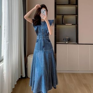 Fashion short sleeve ruffle denim dress womens new high-quality flying sleeve round neck short sleeve denim dress