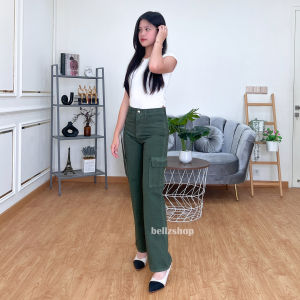 Celana Highwaist Cargo Loose Jeans Panjang Wanita Hijau Army Premium Bellzshop Size 27 sd 34
