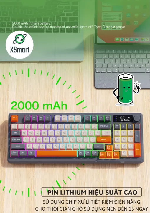Bộ Bàn Phím Không Dây Bluetooth M96 LED 7 Màu Có Màn Hình, 2 Mode, Phím PBT Cao Cấp, Gõ Êm Chống Ồn Cho Win/ Mac OS | BigBuy360 - bigbuy360.vn