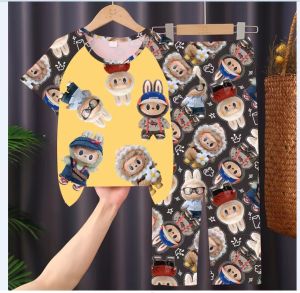 LABUBU childrens pajamas set girls cute cartoon pajamas cotton thin section of home clothing short-sleeved Baju Tidur Budak Perempuan Lelaki