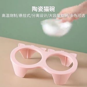 AIMAYAPET Ceramic Cat Double Bowl Tilted Raised Anti Tip Pet Feeder Water Food Dish Neck Care Small Dog