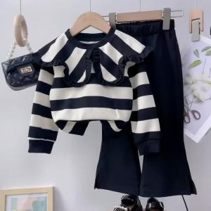 Girls Long Sleeve Set Autumn and Winter New Girls Large Lapel Pleated Stripe Top+Bell-bottoms Two Piece Girls Set2026