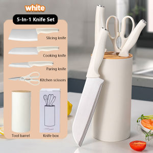 5 Piece Kitchen Knife Set with Block Stainless Steel Original Set White Black (chef knife/Santoku knife/scissors/knife holder) Household