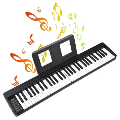 61 Keys Foldable Digital Electronic Piano Keyboard with LCD Display Built-in Rechargeable Battery BT Connectivity Piano with Music Stand/Sustain Pedal for Beginners