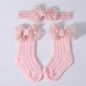 COMEINSTORE20E2 2PCS/Set Lace Bow Baby Headband Socks Solid Color Hollow Out Lace Bow Socks Sweet Breathable Infant Hair Accessory 3-12M Newborn Baby Girl
