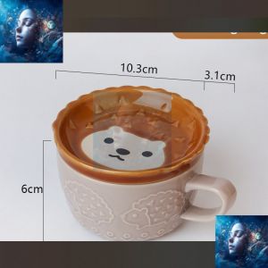 Japanese Cute Ceramics Mug Cartoon Mug Coffee Cup with Lid Kids Breakfast Cereal Cup Cat Mugs Dog Cups
