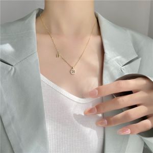 HELMA NECKLACE - Kalung Gelang Alloy Wanita Emas Simple Aesthetic Lucu Adjustable Aksen Liontin Mini Bulat ZIrkon Huruf Inisial H Perhiasan Aksesoris Fashion Korean Style Retro Kekinian [D3-3]
