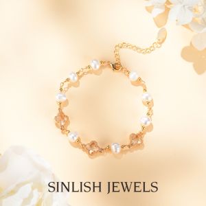 SINLISH Elegant Pearl Bracelet Natural Freshwater with White Crystal Korean Trendy Jewelry