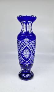 แจกันคริสตัลเจียระไนสีโคบอล์ตบลูใบใหญ่ 29.5cm Hand Cut Edo Kiriko Japan เนื้อใสสีเต็ม ไม่มีตำหนิ