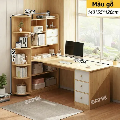 DAMIK-Bàn làm việc văn phòng kèm kệ sách Bàn học có ngăn kéo