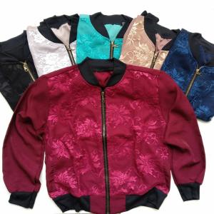 Jaket Bomber Wanita XL LD=104cm ukuran besar warna Krem bahan Satin Orlando dilapisi Brukat bunga fashion trend maxjem