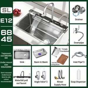 Silver Whale Waterfall Kitchen Sink Thickened 304 Stainless Steel Digital Display Single Bowl