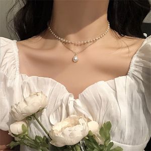 Fashion Perhiasan Kalung Temperamen Rantai Kalung Mutiara Ganda Fashion Super Gadis Peri Rantai Klavikula