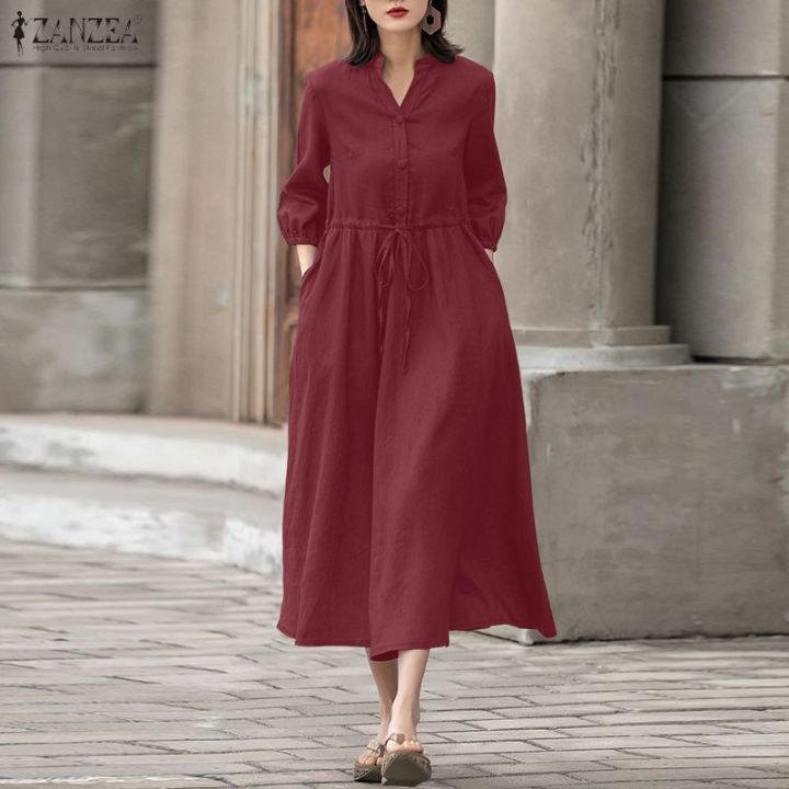 ZANZEA Korean Style Women Vacation Casual 3/4 Sleeve Stand Collar Plain  Dresses Drawstring Pockets Midi Dress #1229 | Lazada PH
