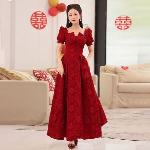 Plus Size Wine Red Bridal Wedding Toast Dress  Women French Puff Sleeve Sweetheart Neck A-line Dresses㏇X0407