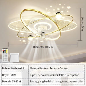 ✨Garansi & COD✨Lampu kipas angin plafon Lampu kipas angin gantung plafon remote Lampu Plafon 360° LED 128W 3 Warna proyeksi bintang Remote Lampu langit-langit Kipas ruang tamu kamar tidur dapur ruang makan 100*15cm bsu