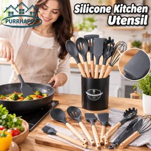 Purrhappy 12 Pcs Silicone Kitchen Utensil Set Non Stick Cooking Tools Wooden Handle Heat Resistant Cookware For Home Kitchen Cooking Use