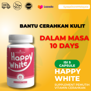 HONEY GLOW HAPPY WHITE ORIGINAL / WHITENING SUPPLEMENT / PEMUTIH SELURUH BADAN ORIGINAL / SKIN WHITENING  美白 muka putih hilangkan jerawat jeragat Tona Bintik Pigmentasi Kedutan 5 kapsul