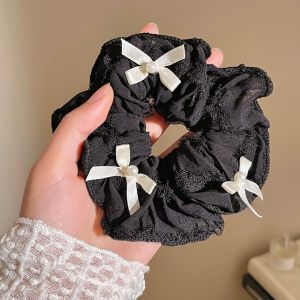 Dây buộc tóc scrunchies đính nơ viền ren xinh xắn cho nữ