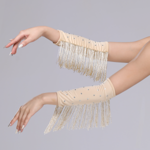 WAYCAI Flash Latin Dance Fringed Sleeves Drilling Rhinestone Performance Stage Womens Arm Sleeves Portable Solid Color Tassel Glitter Gloves Women