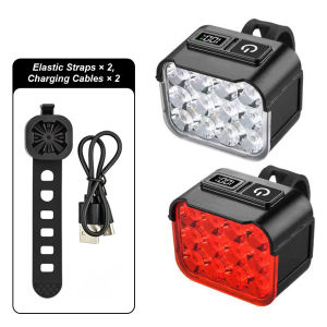 Digital Display Bicycle Light Set Front Headlight Rear Taillight Spot Flood Combo Type C Charge Bike Flashlight For Night Riding Mountain Road Cycling Equipment