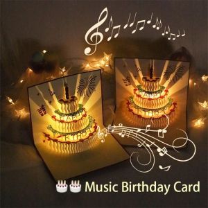 MMLUCK Cửa sổ bật lên Thiệp Sinh Nhật Có Đèn Nhạc 3D Có thể gấp lại Sáng tạo Thiệp chúc mừng ngày lễ bánh ngọt Bất ngờ ngày sinh nhật Tự động mở Thiệp chúc mừng sinh nhật Quà sinh nhật