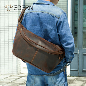 EDERN Retro Crazy Horse Leather Crossbody Bag for Men Extra Large Capacity Genuine Leather Chest Bag Fashion Cowhide Travel Shoulder Bag