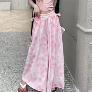 Summer Ice Silk Pants for Kids Girls Pink Floral Wide Leg Pants High Waisted Loose and Breathable Suitable for 7-13Years
