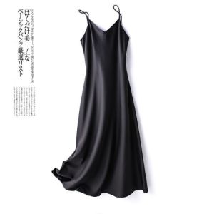 Women Summer French Satin Face Slip Dress Long Dress Coat Lining Vest Dress Base Dress Sleeveless Inner Match Casual Dress