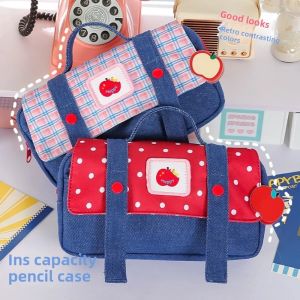 GIORGIONE Plaid and Dots Fruit Cowboy Pencil Case Korean Style Denim Pencil Pouch Cartoon Ins Style Grid Stationery Bag Girls