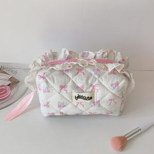 MAKERVY Large Capacity Cosmetic Bag Lace Bow Multi-function Pen Bag Creative Makeup Organizer Zipper Ruffles Pencil Case Travel
