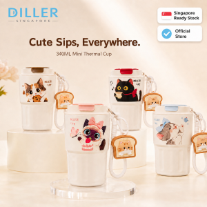 DILLER 340ML Kitty Cat Thermal Tumbler | SUS304 Stainless Steel Insulated Coffee Mug | Cute Vacuum Cup with Strap & Char