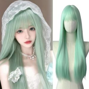 BEAUTYLADIES Lolita Mint Green Anime Cosplay Wigs Hair Extension Heat Resistant Synthetic Wigs with Bangs Halloween Natural Long Straight Hair for Women