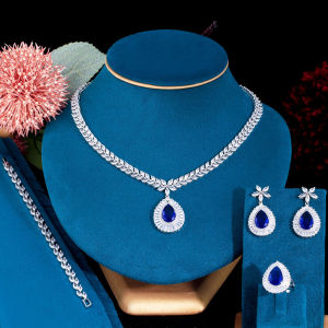 SEQUITO High Grade Brides White Gold Color 4Pcs Jewelry Pave Setting AAA Cubic Zirconia Blue Stone Teardrop Pendant Necklace Bracelet Earrings Ring Set Wedding Dress Accessories SJ343
