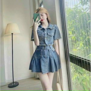 SET Jeans nữ gồm Áo tay ngắn và váy - Hàng chuẩn Shop - Set Váy Áo tua rua Denim
