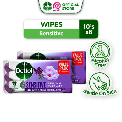 Bundle of 6 Dettol Antibacterial Wipes Sensitive Wet Tissue 10s