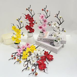 JESJELIU Simulated Artificial Plum Potted Flowers Red Multi-Bloom Plastic Fake Flower White Flower Pot Blossom Bonsai Home Decor