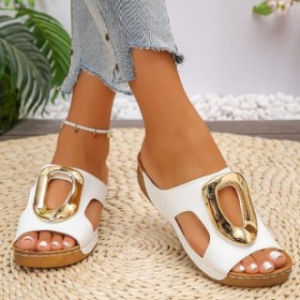 Free Shipping Plus-Size WomenS Fish-Mouth Slip-On Sandals Versatile For Outdoor Wear With A Wedge Heel Thick Sole And Metal Buckle Detailing Perfect For The Beach