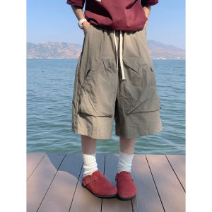 American high street retro large pocket workwear shorts mens summer thin casual loose straight leg wide leg cropped pants