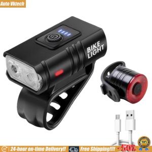 [Auto Vktech] LED Bicycle Front Light Aluminum Alloy with Tail Light Powerful Bike Front Light IP44 Waterproof Power Display Riding Safety Accessories