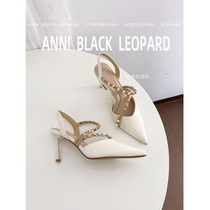 Anni Black Leopard studded pointed-toe high-heeled shoes for women new spring model in patent leather suitable for pairing with skirts with a closed toe and thin heel elegant backless sandals