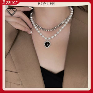 【Bosuer💛COD】Kalung Mutiara Liontin Berlian Berbentuk Hati Hitam Model Double Rantai Layer Gaya Retro Perhiasanuntuk Wanita