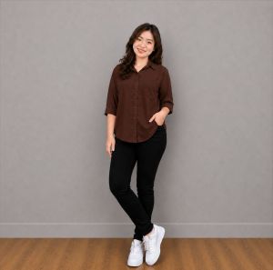 Kemeja Polos Wanita Lengan Panjang Terbaru Rayon Twill Premium Halus Lembut Adem Mahogany Navy Mocca