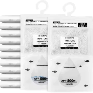 Hanging Desiccant Dehumidifier Bags - Moisture Absorber with Hook Anti Mold for Wardrobe Closet & Small Spaces