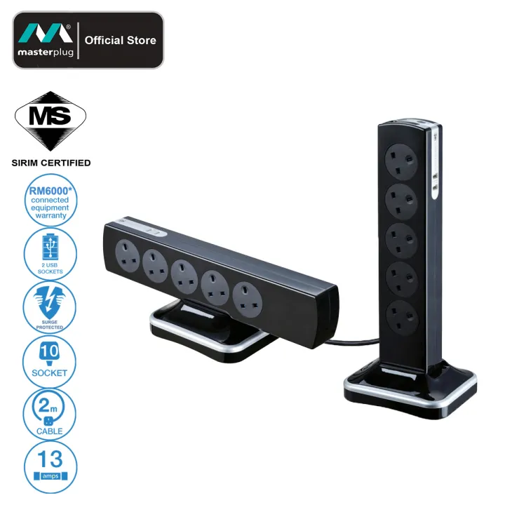 Masterplug Surge Protector 10 Gang 2 USB 3.1A 2 Meter Extension Leads Tower Sockets Power Cord Gloss (SRGTOWSU102PB-MPA)