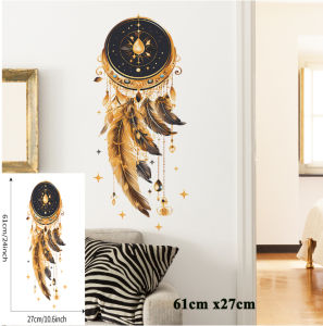 Gold Dreamcatcher Wall Sticker 61x27cm Elegant Feather Design Removable Vinyl Decal for Bohemian Style Bedroom Living Room Kids Room Office Spiritual Home Decoration Easy to Apply Self Adhesive DIY Wall Art Mural