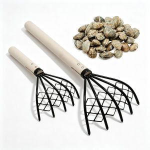 39cm Heavy Duty Clam Rake with Mesh Net Basket & Wooden Handle