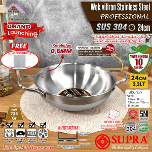 SUPRA wok 24cm stainless steel impact SUS 304 professional series / panci wajan penggorengan handle kuping teba